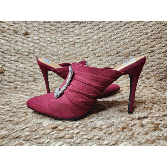 Anne Michelle Womens Slip On Mule High Heel Size 9 Rhinstone Buckle Burgundy Red - Picture 7 of 12